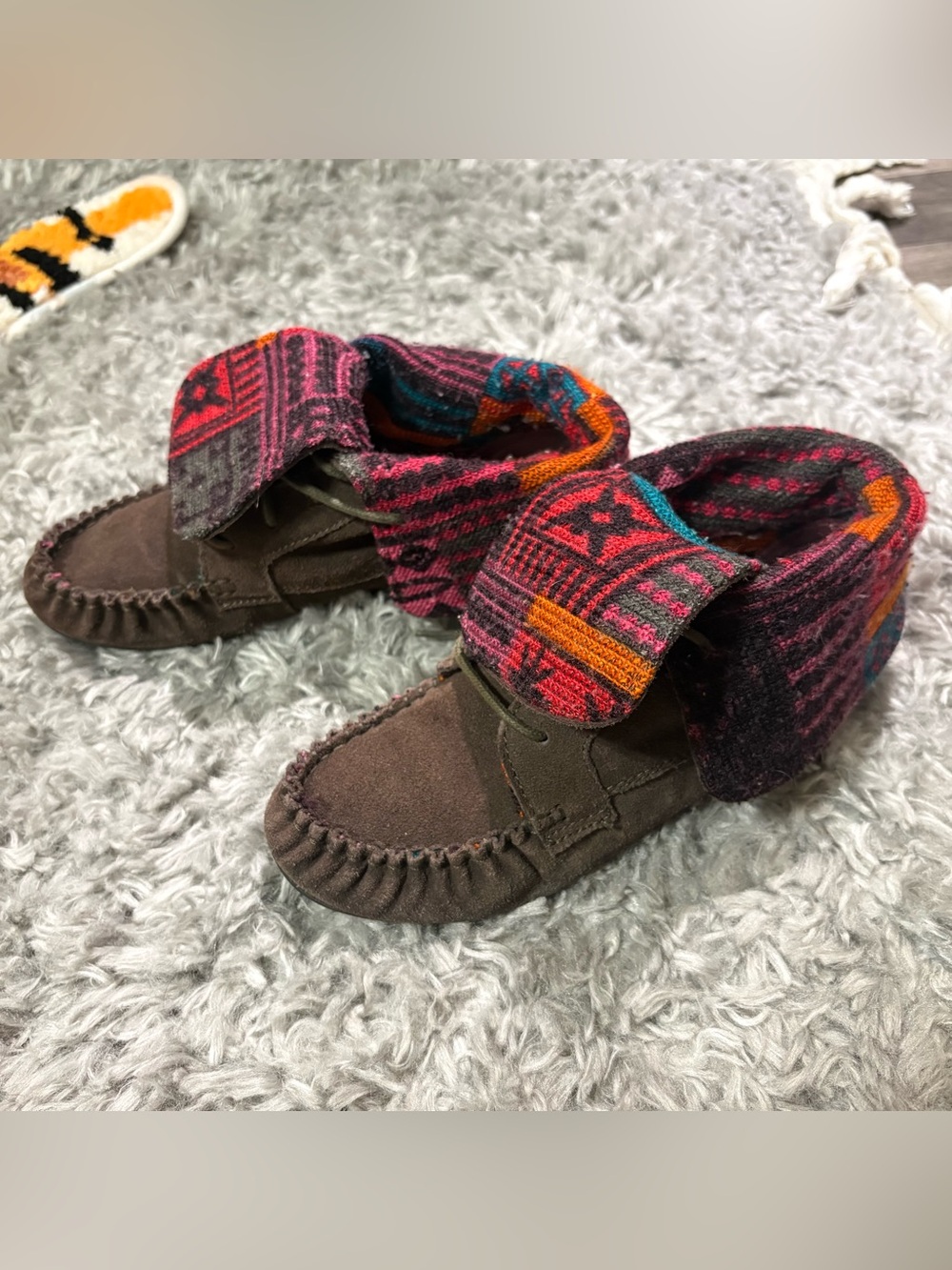 American Rag Chocolate Suede Moccasin Boot with Colorful Aztec Knit Cuff